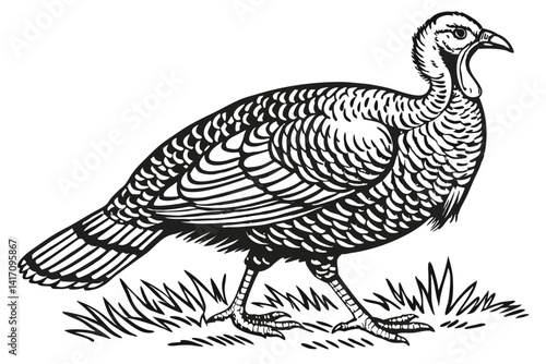 40 Black and white illustration, detailed turkey drawing, woodcut style, engraving technique, intricate feather texture, side profile, fanned tail feathers, vintage wildlife art, high contrast, fine l