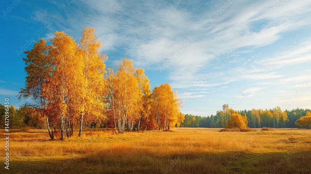 Fototapeta premium Autumn Birch Forest. Golden-leaved birch trees in a field with a cloudy sky. Used in seasonal decor or nature photography to evoke autumn’s tranquility.