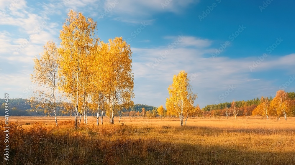 Fototapeta premium Autumn Birch Forest. Golden-leaved birch trees in a field with a cloudy sky. Used in seasonal decor or nature photography to evoke autumn’s tranquility.
