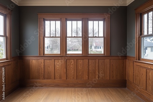 Room wood paneling, windows, gray wall paint, and light hardwood floors