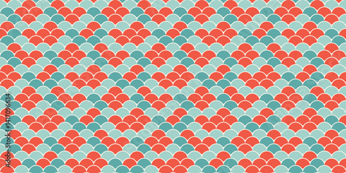 Vibrant coral and teal scales pattern.  Perfect for textile design, website backgrounds, or playful branding. This geometric, repeating design offers a retro feel with modern appeal.