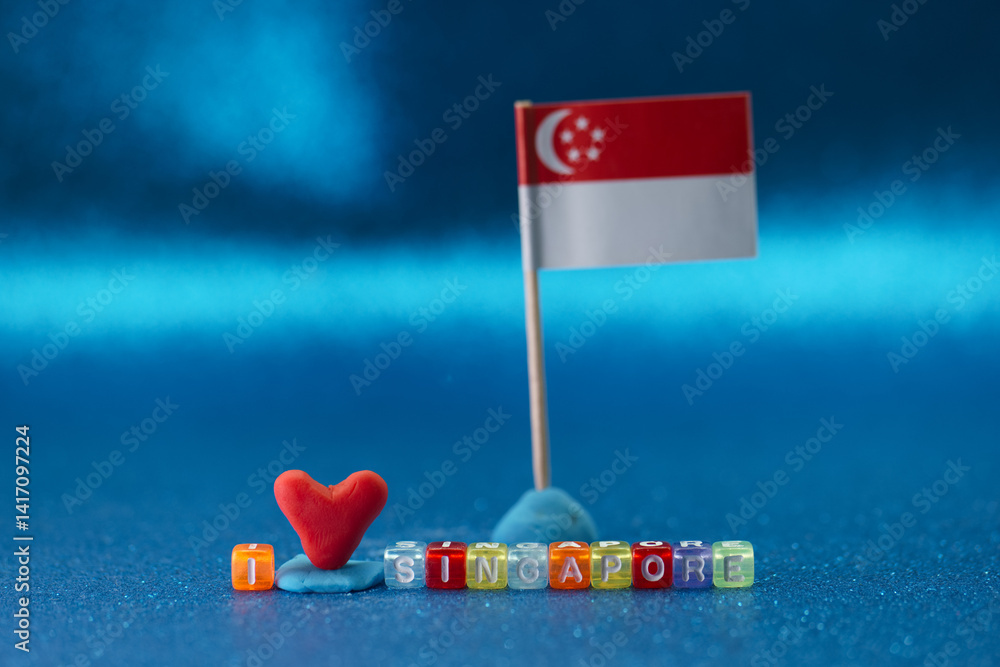 Colorful representation of Singapore with a flag and decorative heart on a blue background