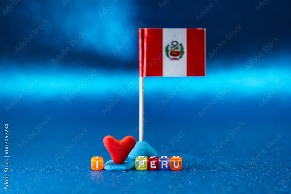Small Peru flag and heart figure with colorful beads expressing love for country against blue background
