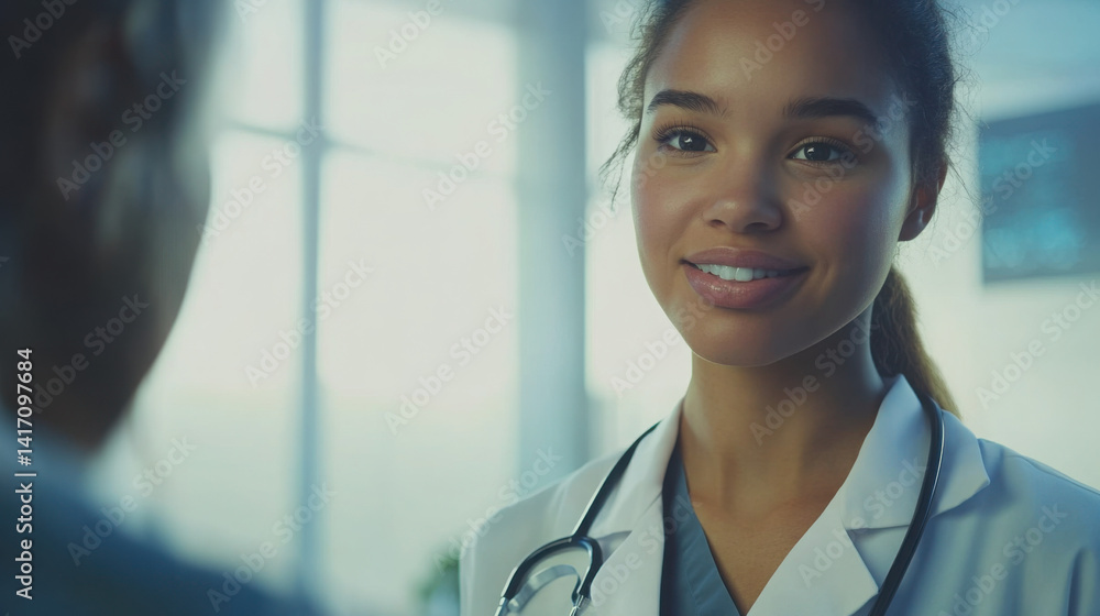 Fototapeta premium Close-up of a cheerful young female doctor speaking warmly to a patient during a consultation
