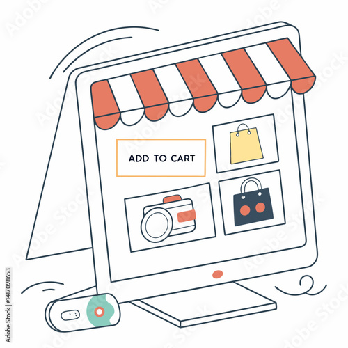 Online Store Illustration Concept Showing Computer With Awning And Virtual Shopping Items