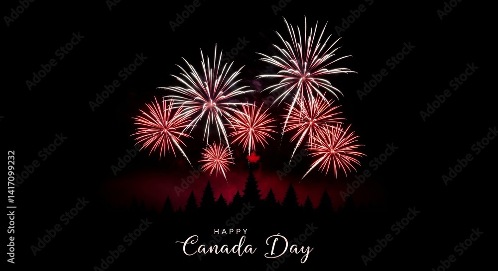 Colorful fireworks display over a silhouette of trees celebrating Happy Canada Day