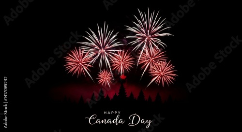 Obraz na płótnie Colorful fireworks display over a silhouette of trees celebrating Happy Canada Day w salonie