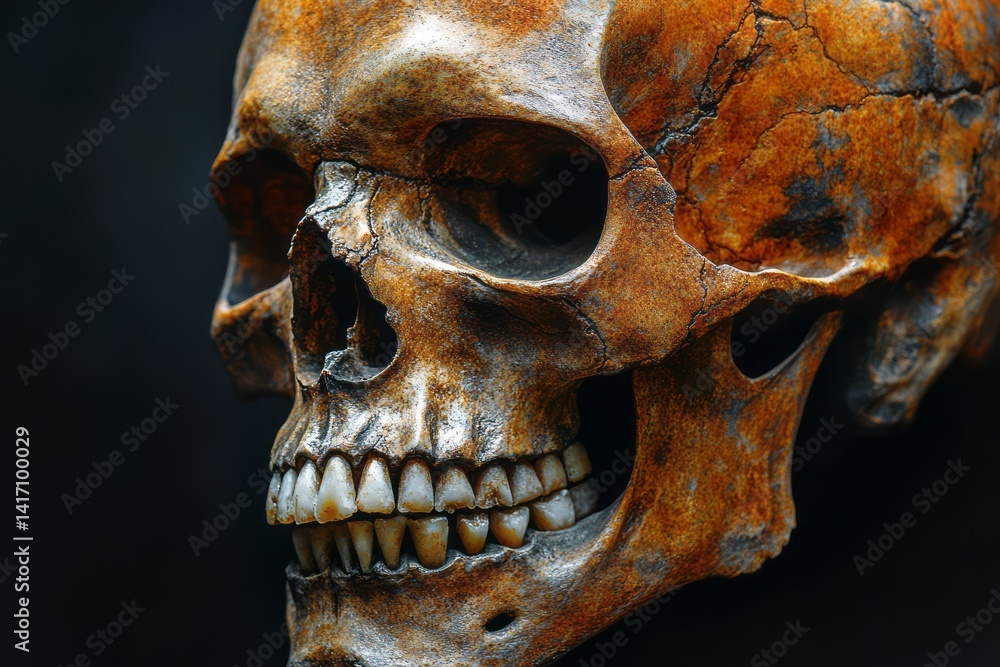 Naklejka premium Aged and detailed human skull with visible teeth stands out