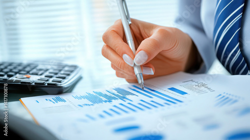 Close-up of a mature female financial advisor interacting with a client, clearly explaining investment or contract details with a notebook