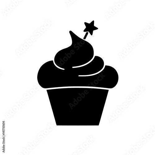 Minimalist black silhouette of a cupcake with swirled frosting and star decoration