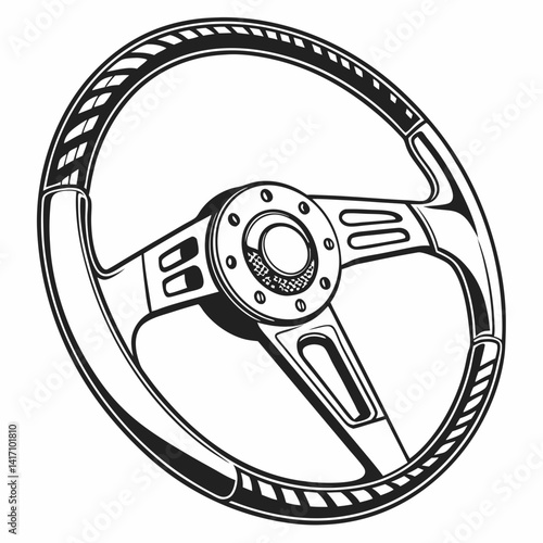 Black And White Illustration Of A Classic Car Steering Wheel On Isolated Background