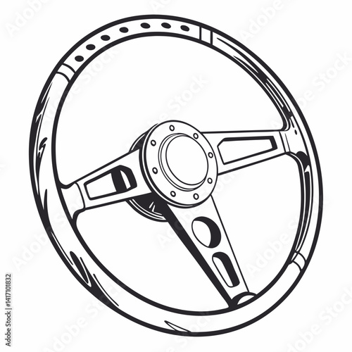 Vintage Car Steering Wheel Vector Illustration In Black And White Outline Style