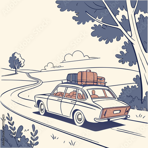Retro Car With Luggage On Road Trip Vector Illustration Background