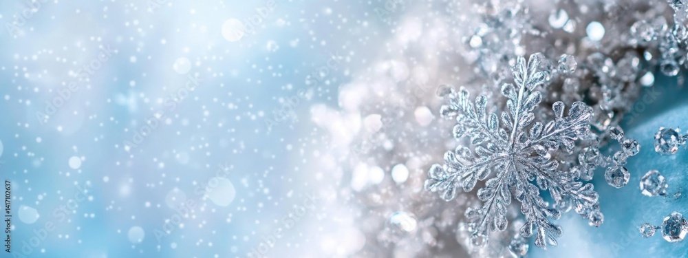 Abstract blue background with snowflakes and ice in blurred bokeh effect. Abstract blue background with snowflakes and ice in blurred bokeh effect.