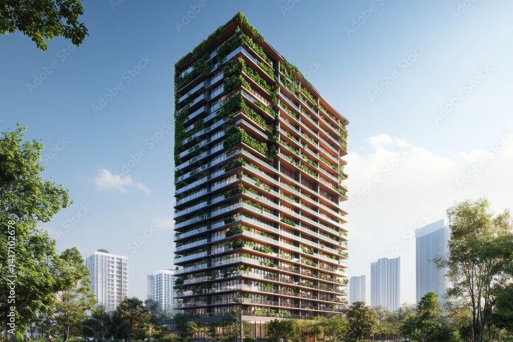 Modern Eco-Friendly Skyscraper with Green Terraces and Blue Sky Modern Eco-Friendly Skyscraper with Green Terraces and Blue Sky