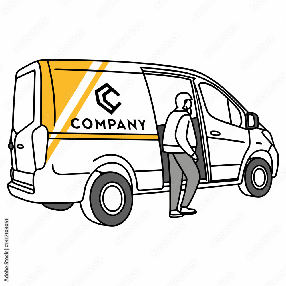 Delivery Van With Company Logo And Man Entering Illustration Delivery Van With Company Logo And Man Entering Illustration