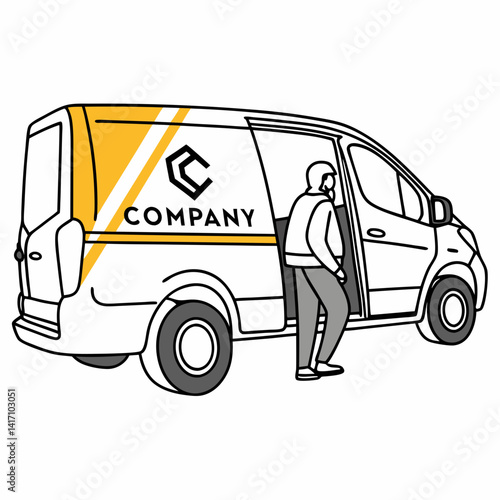Delivery Van With Company Logo And Man Entering Illustration