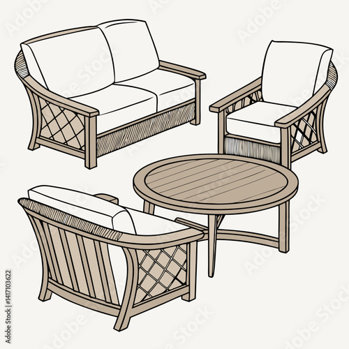 Outdoor Patio Furniture Set Hand Drawn With Sofa Chairs And Table