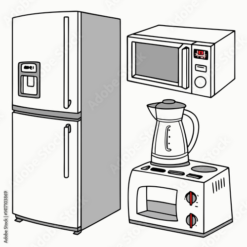 Digital Illustration Of Common Kitchen Appliances Including A Refrigerator And A Microwave