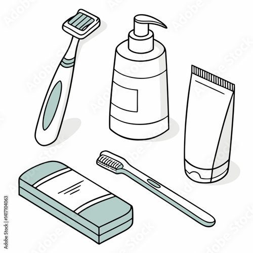 Minimalist Outline Illustration Of Bathroom Essentials Featuring Toothbrush,Soap,Razor,Lotion And Cream