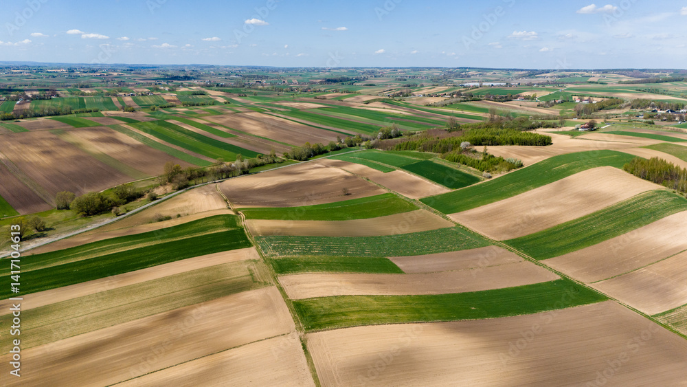 drone view over countryside patchwork fields