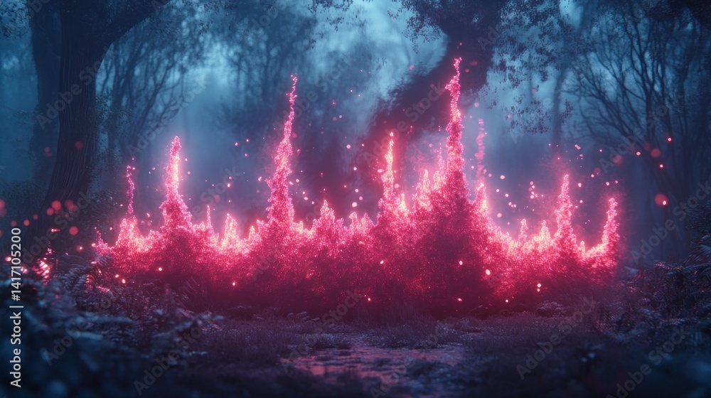 Obraz premium Magical forest fire, glowing pink flames