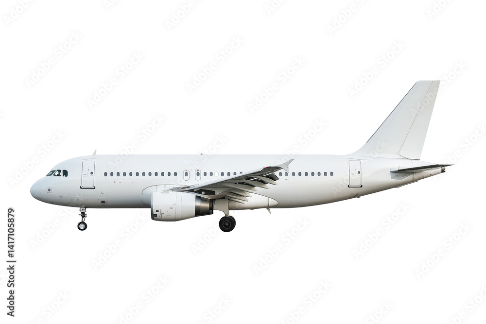 Side view of white airplane in flight isolated on transparent background. Side view of white airplane in flight isolated on transparent background.