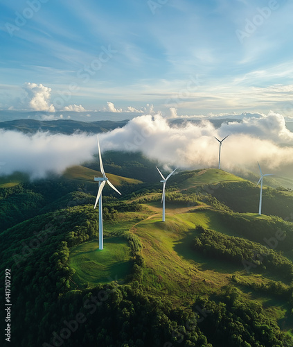  Wind turbines in the mountains. Clean and renewable energy, an aerial view of a wind farm for electricity generation.