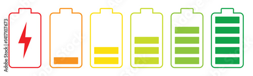 Battery charging indicator icon in white background. Fully charged and discharged battery in 0 to 100 % level icon. Vector illustration.