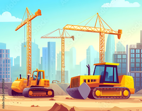 Urban Construction Site: Two bulldozers and two construction cranes operate amidst a cityscape, signifying urban development and industrial progress. photo
