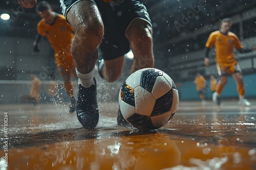 Close-up view of players' sweat dripping, the ball sliding fast with fast action and warm cheers coloring the passionate futsal match