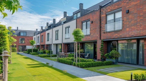a row of modern terraced houses with shared green spaces and private backyards