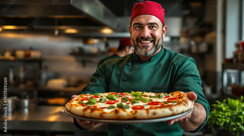 A chef in a red hat holds a tray of pizza. A chef in a red hat holds a tray of pizza.