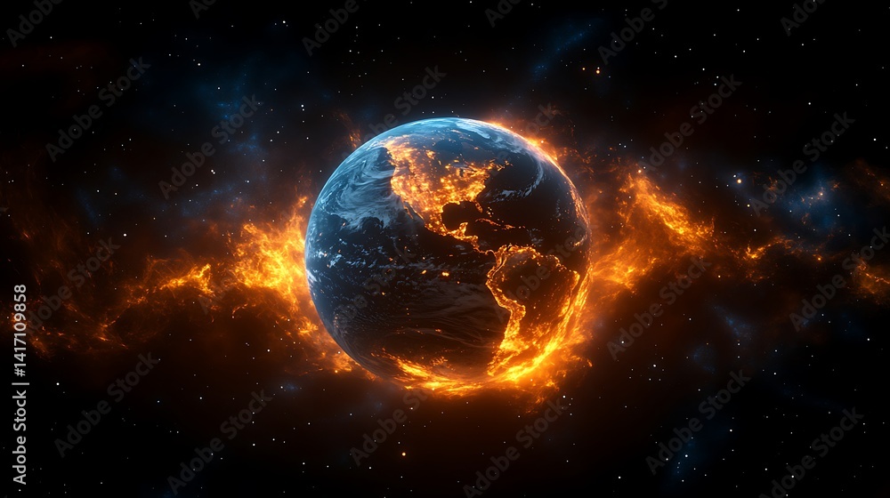 Earth Engulfed in Flames Against Starry Space Earth Engulfed in Flames Against Starry Space
