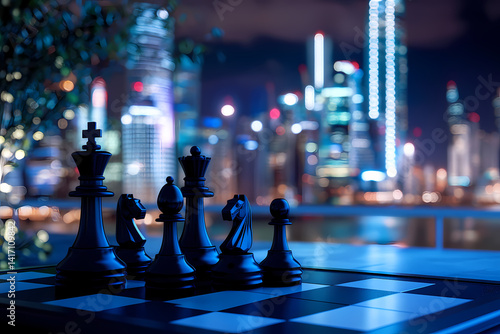 Wallpaper Mural Strategic Cityscape: Black chess pieces arranged on a chessboard, with a blurred cityscape at night in the background, conveying a sense of strategy, planning and competition in a business context. Torontodigital.ca