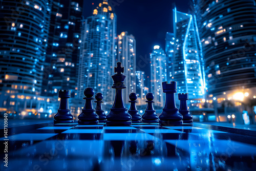 Wallpaper Mural Chess Game in Metropolis: A strategic chess game unfolds against the backdrop of a modern, illuminated city skyline, symbolizing business strategy, competition. Torontodigital.ca