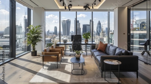 Fototapeta Naklejka Na Ścianę i Meble -  A sleek modern office space with panoramic windows overlooking a bustling city skyline