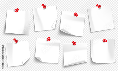 Vector note with push pin isolated on transparent background. Mockup of realistic sticky note for design.