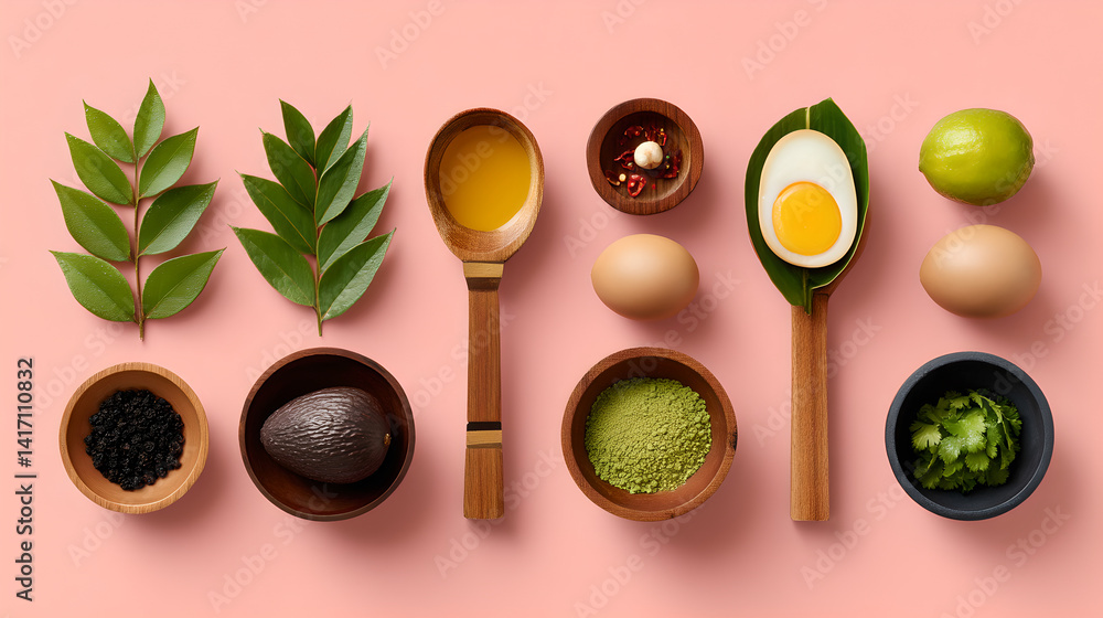 Culinary Ingredients Flatlay Pink Background, Wooden Bowls, Herbs, Spices and Egg