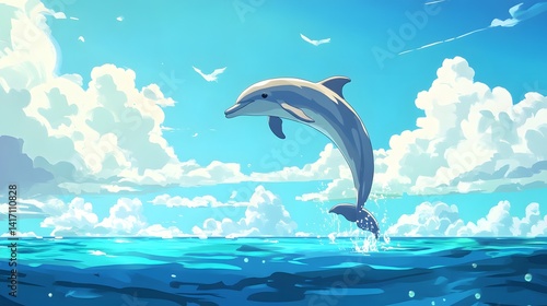 A dolphin leaping from crystal-clear ocean water under a bright sky