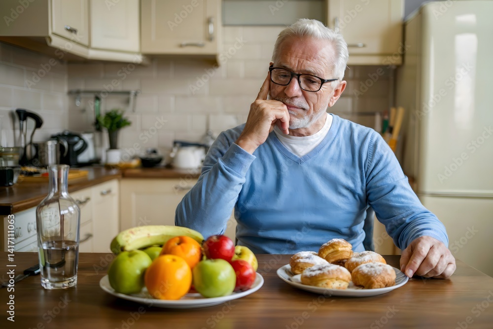 A senior man sitting in kitchen ponders a choice between a plate of fresh fruits and sugary pastries A senior man sitting in kitchen ponders a choice between a plate of fresh fruits and sugary pastries