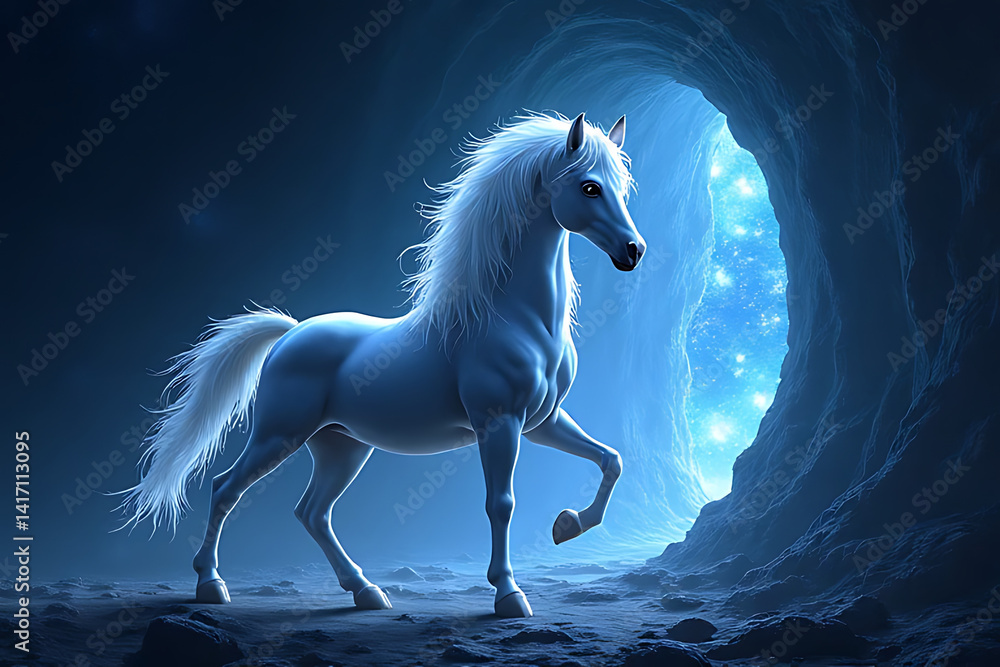 Fototapeta premium Majestic white unicorn in mysterious cave fantasy art ethereal light enchanted forest