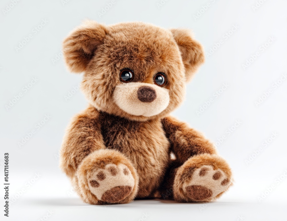 Fototapeta premium Adorable Brown Teddy Bear Sitting Softly on White Background, Perfect Plush Toy for Kids