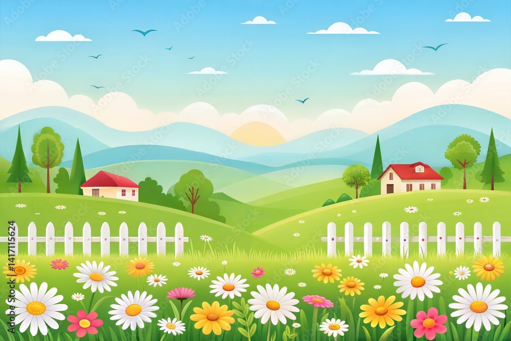 Fototapeta premium Springtime Meadow Landscape with Houses
