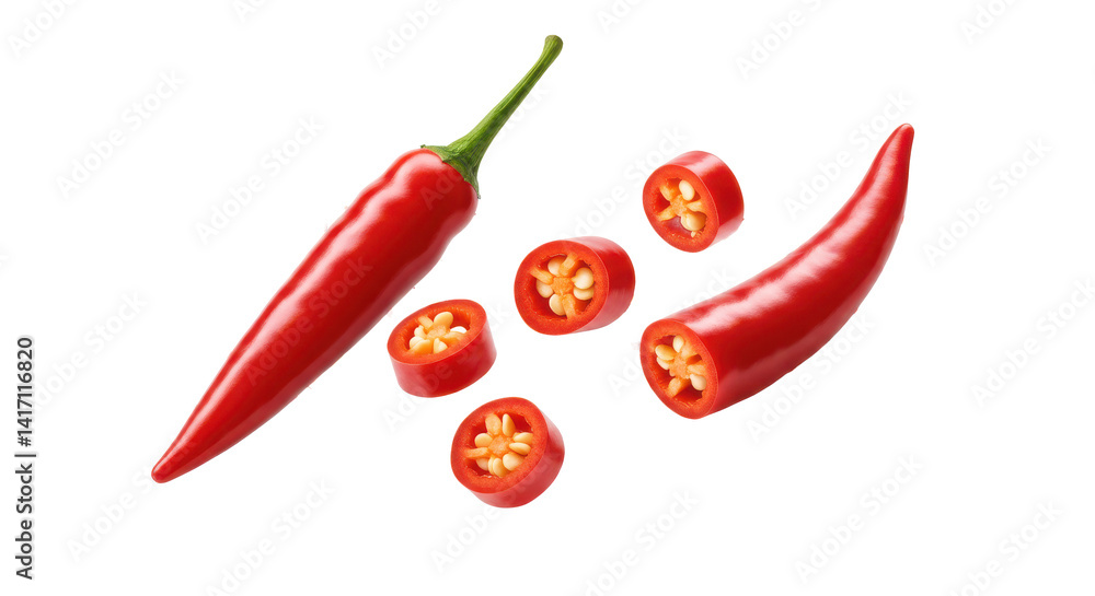 A vibrant display of red chili peppers with slices against a stark black backdrop creating contrast A vibrant display of red chili peppers with slices against a stark black backdrop creating contrast