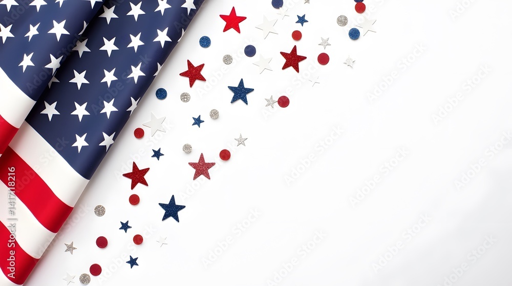 Obraz premium Flat Lay American Flag with Stars and Confetti on White Background, Patriotic Celebration Theme, Concept of a July 4th celebration event. Top view flat lay of american flag