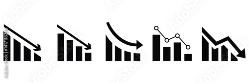 Growing graph icon set. Decreasing Growths chart, Decreasing Profit Growth chart collection