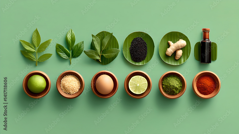 Overhead View of Culinary Ingredients Arranged on Mint Green Background