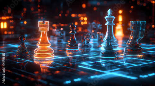 Strategic moves: A digital chessboard illuminates the path to success, as meticulously crafted chess pieces stand poised, reflecting the blend of strategy and technology.