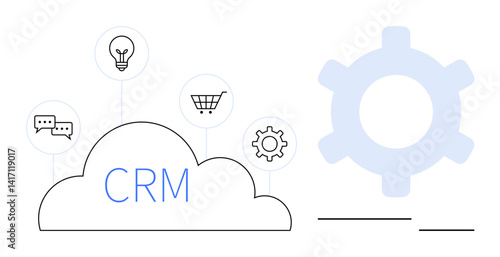 Wallpaper Mural CRM cloud with icons for communication, ideas, shopping, and settings against a faint gear symbol. Ideal for customer management, automation, innovation, marketing, commerce workflow digital tools Torontodigital.ca